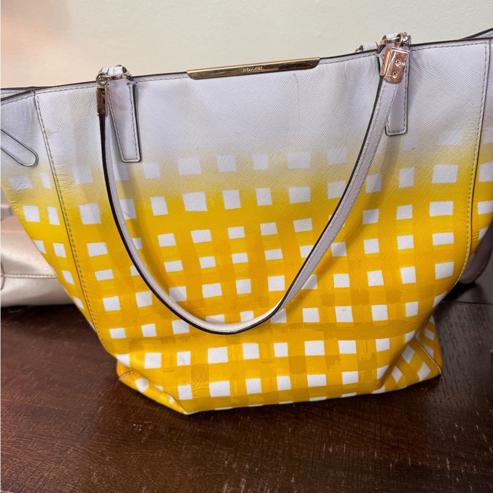Coach Yellow and White Checkered Tote Bag